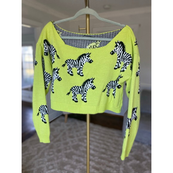 Nasty Gal Zebra Cropped Knit Sweater Neon Green Y2K Unique Bold Statement Funky - Picture 2 of 7